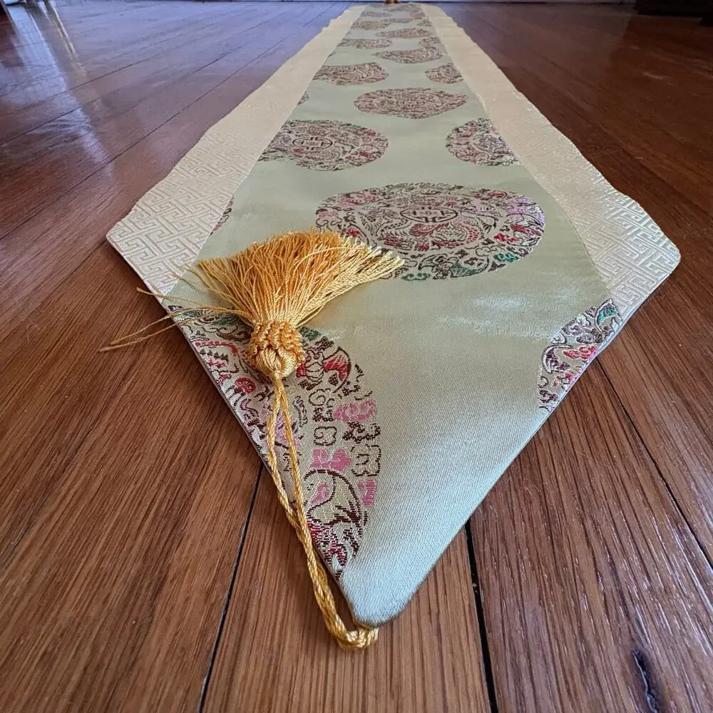 Vintage Asian Silk Brocade Table Runner Gold Tassels Chinoiserie